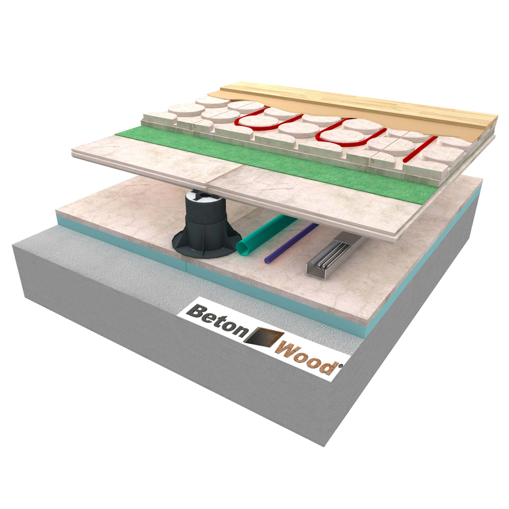 Massetto radiante galleggiante con tappetino Underfloor pannelli BetonWood T&G su supporti autolivellanti